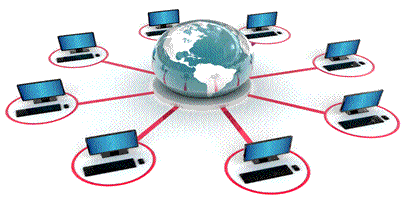 clip art of globe in the center of 8 computer laptops